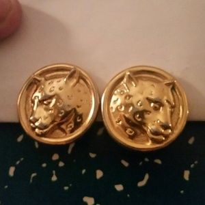 Vintage Gold Round Cougar Earrings Clip On.